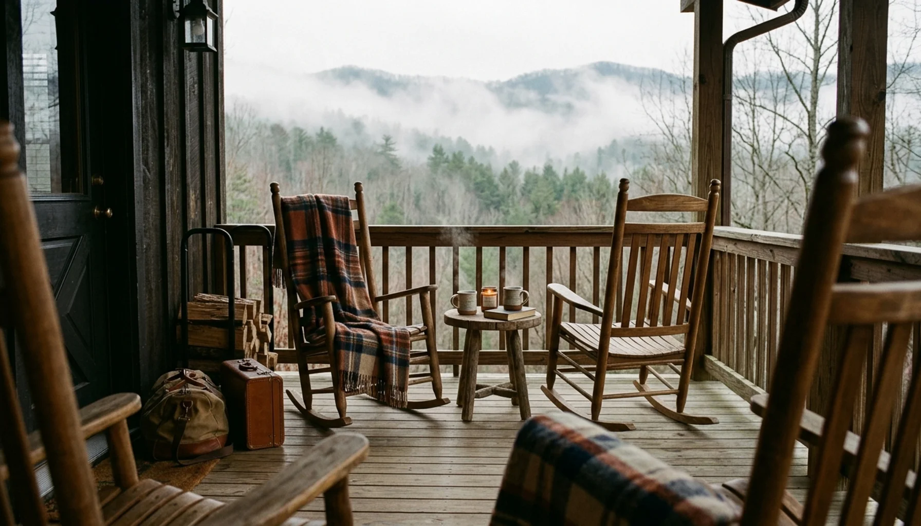 Cabin porch with two chairs and mugs overlooking Smokies, ideal for vacation packages for couples under $1000