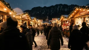 Crowd at the Winterfest Christmas Village Pigeon Forge, silhouetted visitors among festive booths at dusk